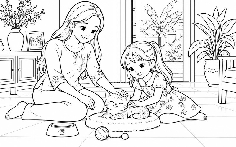 Tranh tô màu mẹ và con gái chăm sóc mèo con