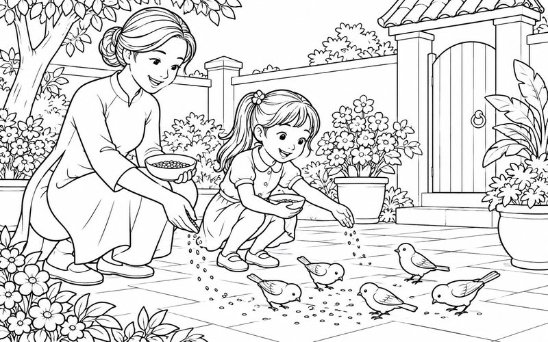 Tranh tô màu mẹ và con gái cho chim ăn trong sân