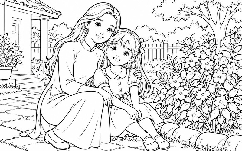 Tranh tô màu mẹ và con gái chụp ảnh kỷ niệm bên vườn hoa