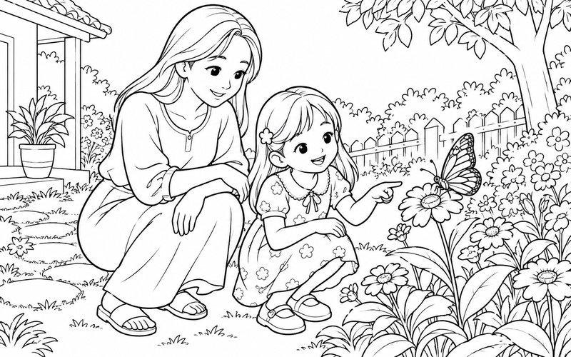 Tranh tô màu mẹ và con gái ngắm bươm bướm trên hoa