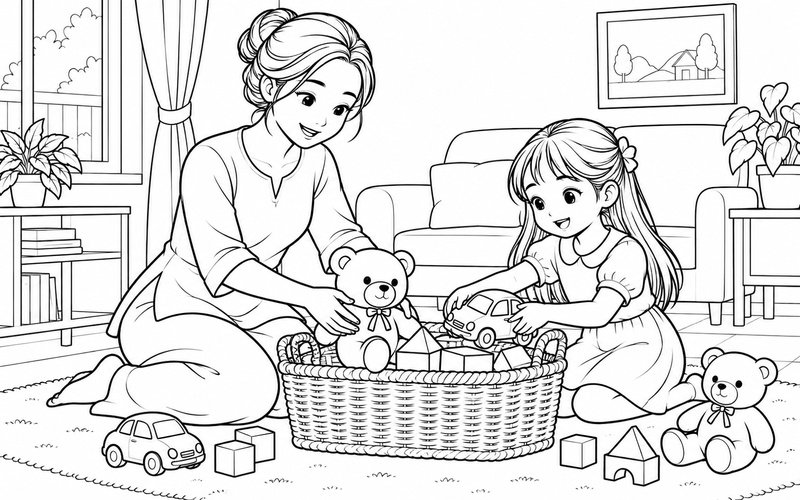 Tranh tô màu mẹ và con gái xếp đồ chơi vào giỏ