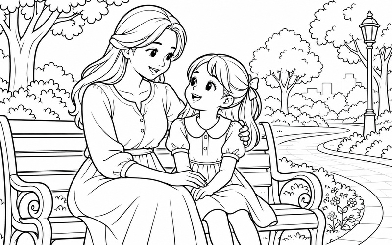 Tranh tô màu mẹ và con gái ngồi chơi trên ghế công viên
