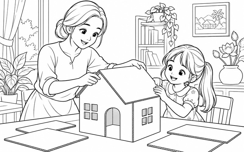 Tranh tô màu mẹ và con gái cùng làm mô hình ngôi nhà
