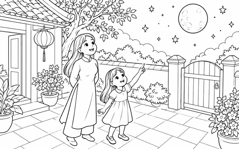 Tranh tô màu mẹ và con gái ngắm trăng từ sân nhà