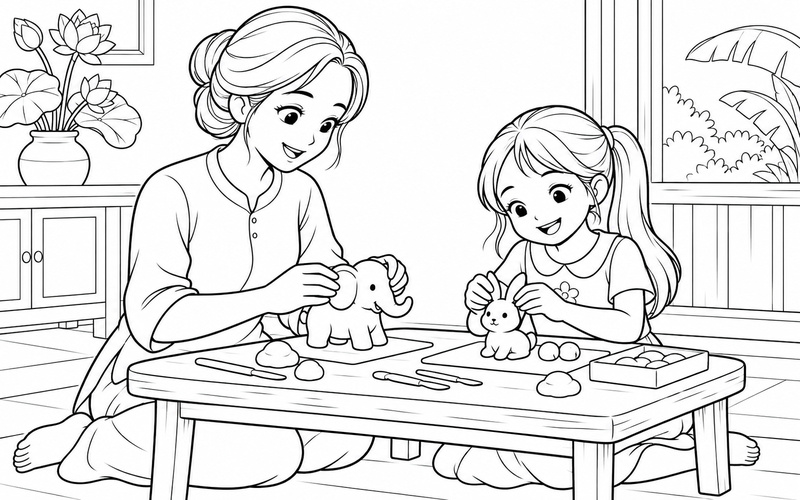 Tranh tô màu mẹ và con gái tạo hình bằng đất nặn