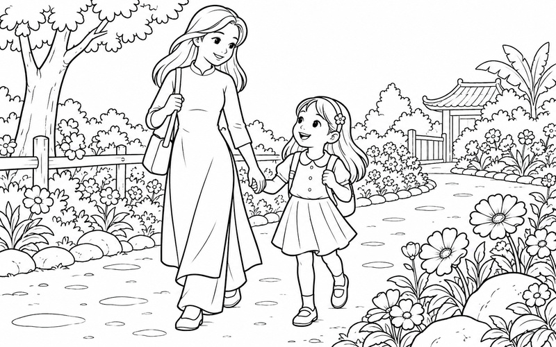 Tranh tô màu mẹ và con gái dạo chơi giữa vườn hoa