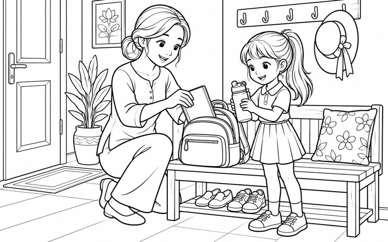 Tranh tô màu mẹ và con gái chuẩn bị chiếc ba lô nhỏ