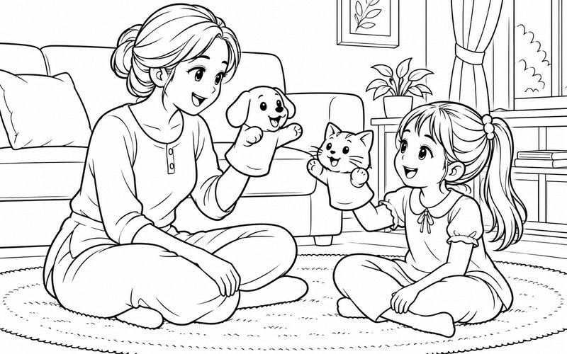 Tranh tô màu mẹ và con gái chơi rối tay trong phòng khách