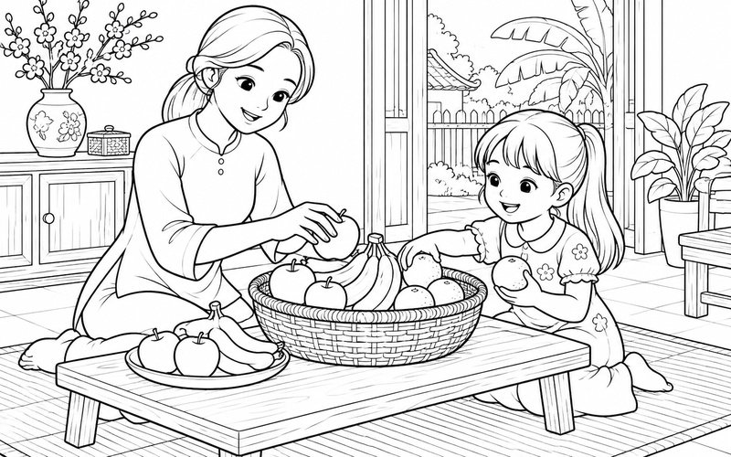 Tranh tô màu mẹ và con gái sắp xếp giỏ trái cây