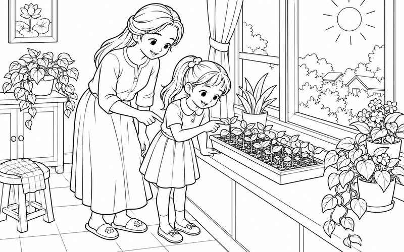 Tranh tô màu mẹ và con gái chăm sóc cây mới nảy mầm