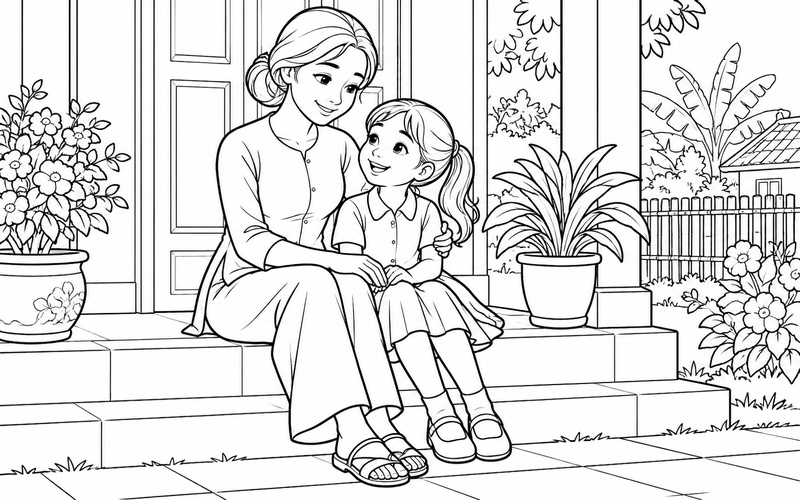 Tranh tô màu mẹ và con gái ngồi bên hiên nhà buổi sáng