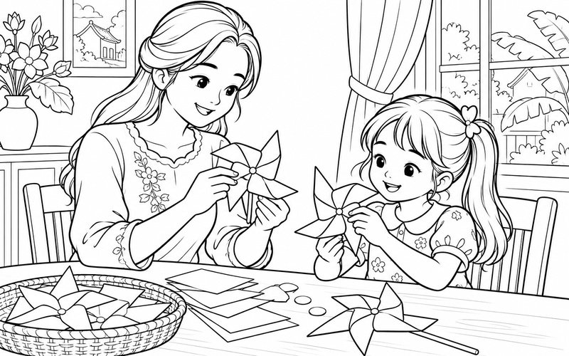Tranh tô màu mẹ và con gái làm chong chóng giấy