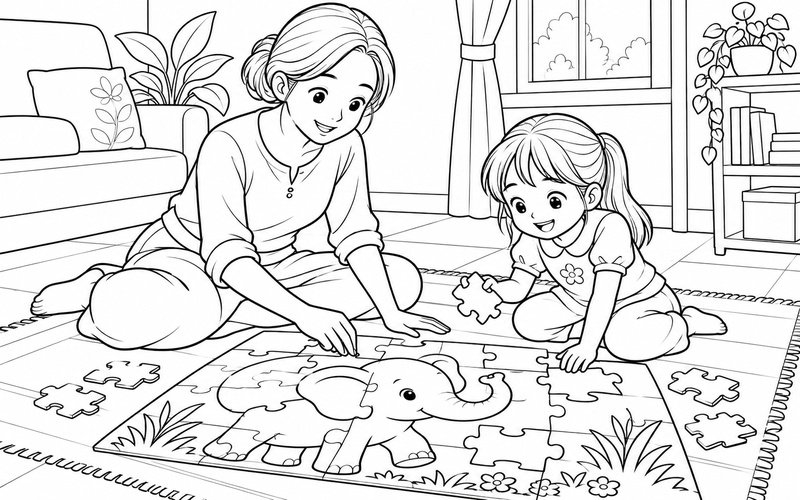 Tranh tô màu mẹ và con gái chơi ghép tranh hình con vật