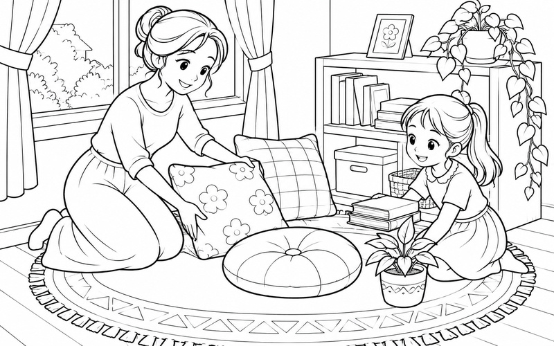 Tranh tô màu mẹ và con gái cùng trang trí góc đọc sách