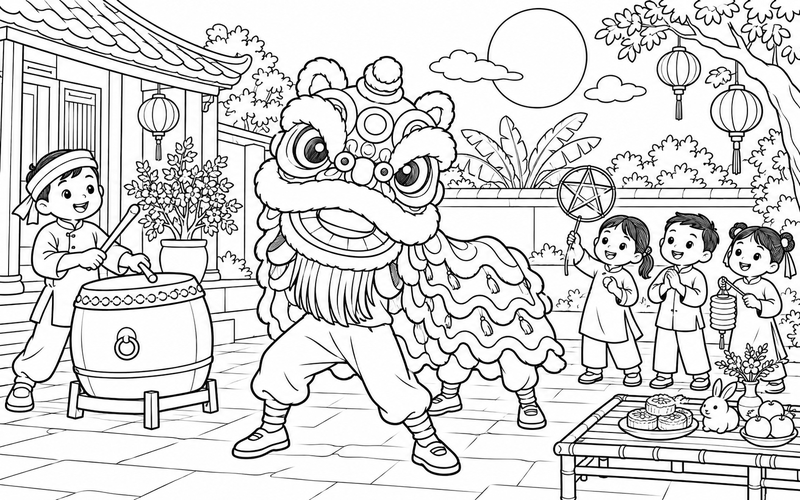 Tranh tô màu múa lân trung thu trong sân nhà đêm hội
