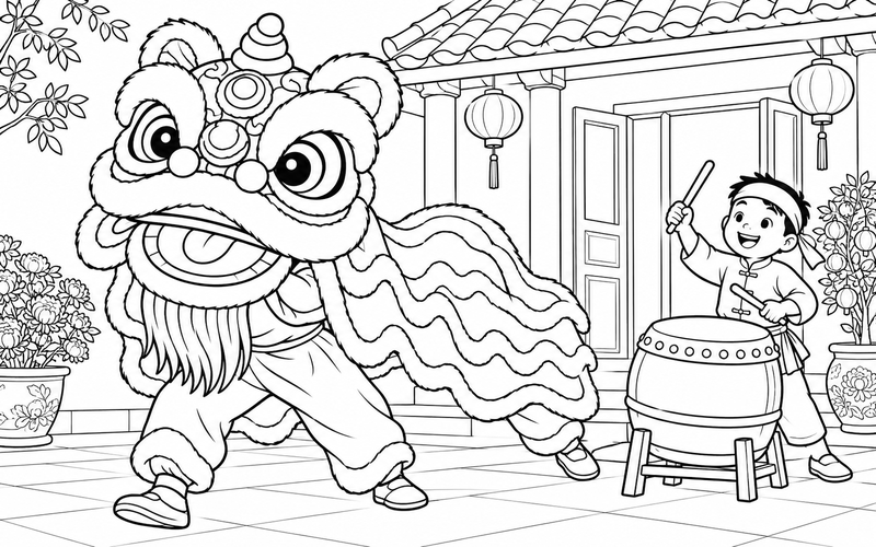Tranh tô màu múa lân trung thu trước mái hiên nhà