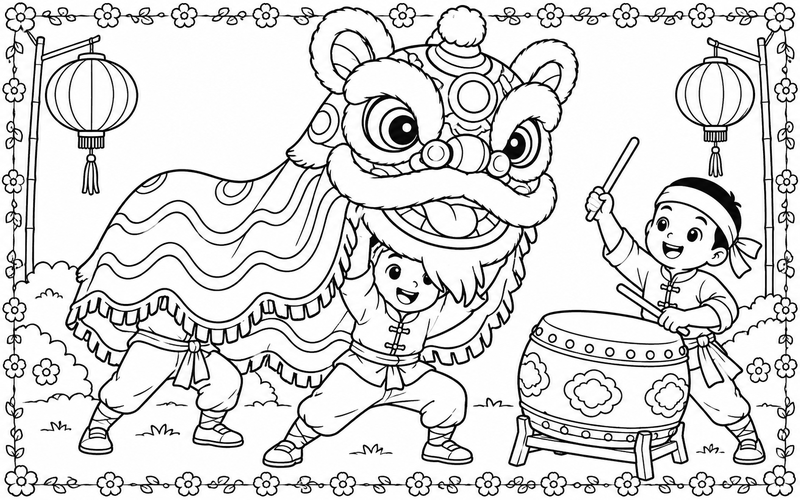 Tranh tô màu múa lân trung thu trong bố cục cận cảnh dễ quan sát