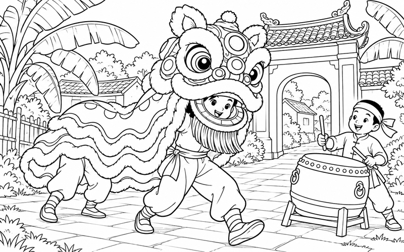 Tranh tô màu múa lân trung thu trước cổng làng và hàng chuối