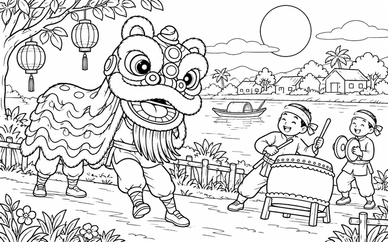 Tranh tô màu múa lân trung thu bên đường ven sông