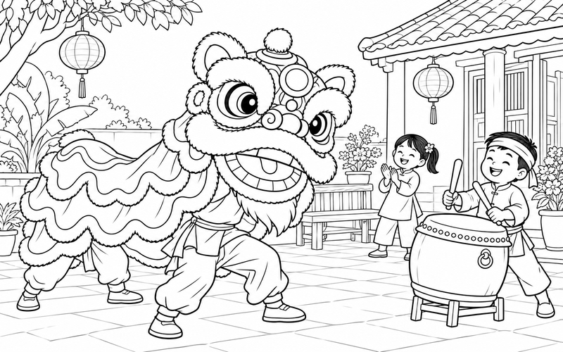 Tranh tô màu múa lân trung thu cùng gia đình trong sân nhỏ
