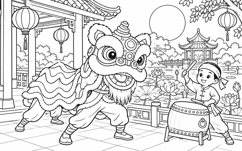Tranh tô màu múa lân trung thu bên đình nghỉ và hồ sen
