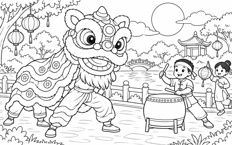Tranh tô màu múa lân trung thu trên lối đi công viên