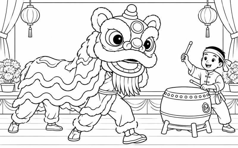 Tranh tô màu múa lân trung thu trước sân khấu có rèm