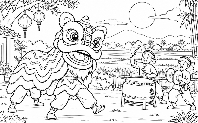 Tranh tô màu múa lân trung thu giữa khung cảnh đồng quê