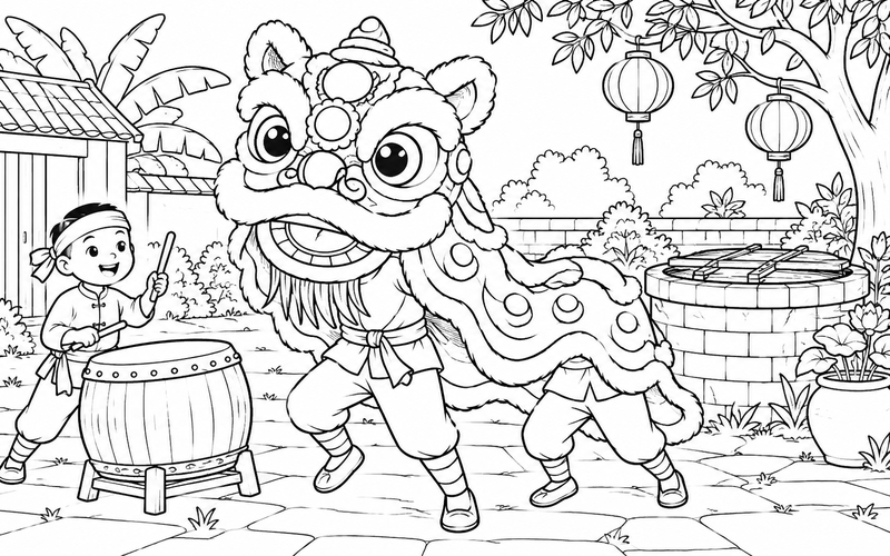 Tranh tô màu múa lân trung thu cạnh giếng gạch có nắp
