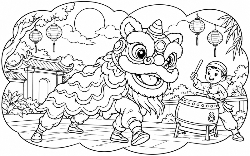 Tranh tô màu múa lân trung thu giữa khung mây tròn