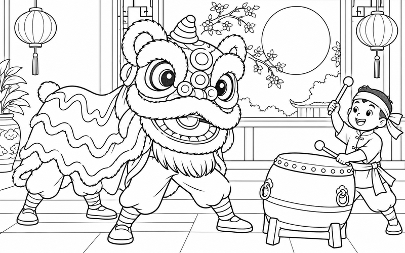 Tranh tô màu múa lân trung thu bên cửa sổ ngắm trăng