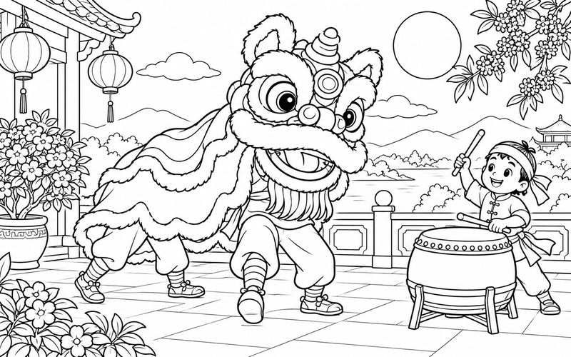 Tranh tô màu múa lân trung thu trên sân hiên có hoa