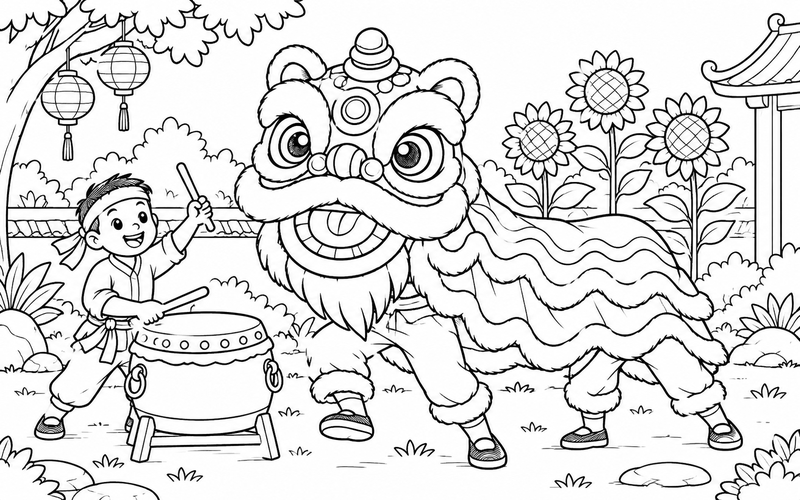 Tranh tô màu múa lân trung thu bên những bông hướng dương