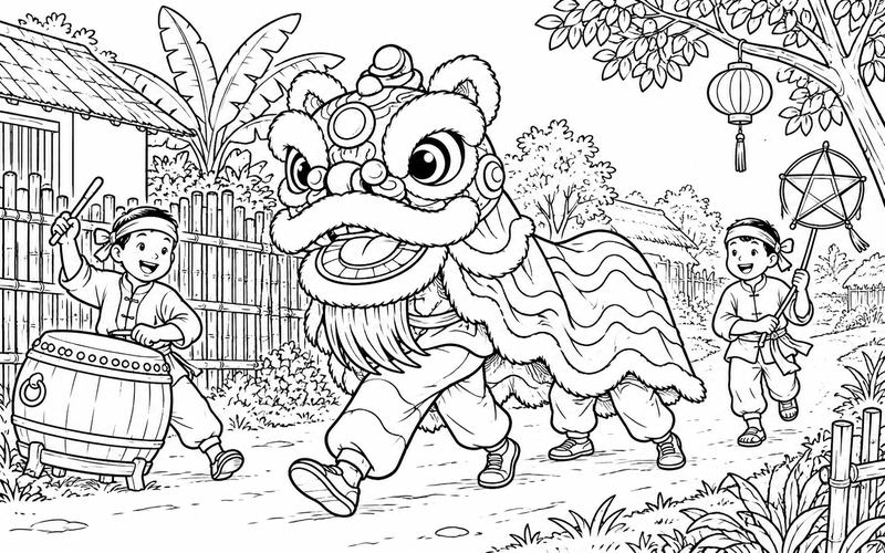 Tranh tô màu múa lân trung thu ở lối làng có hàng rào tre