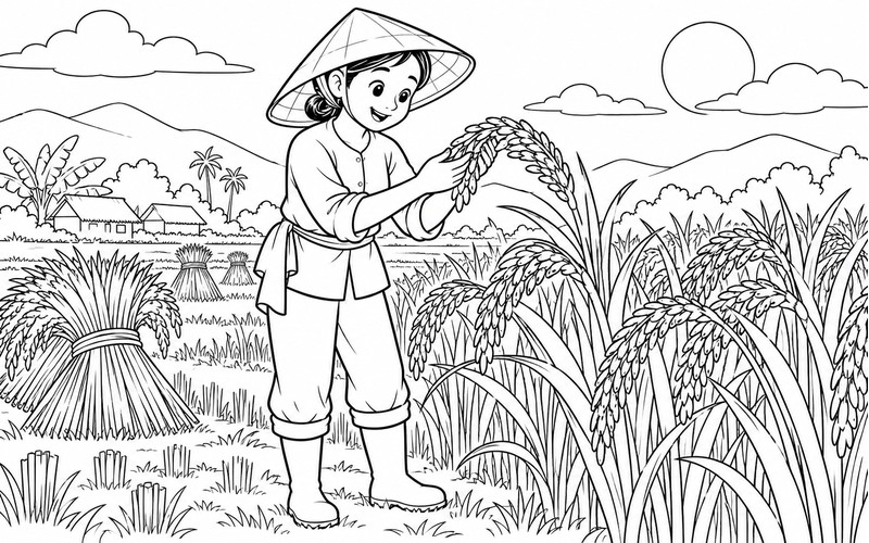Tranh tô màu người thu hoạch lúa xem bông lúa chín