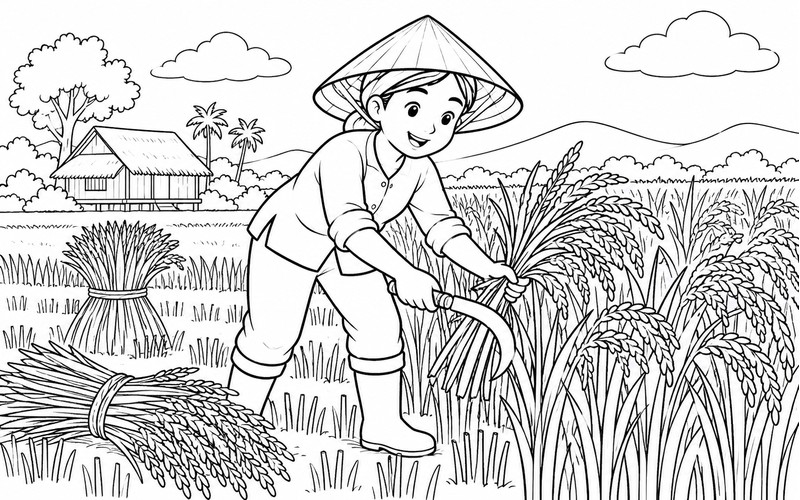 Tranh tô màu người thu hoạch lúa gặt lúa bằng liềm