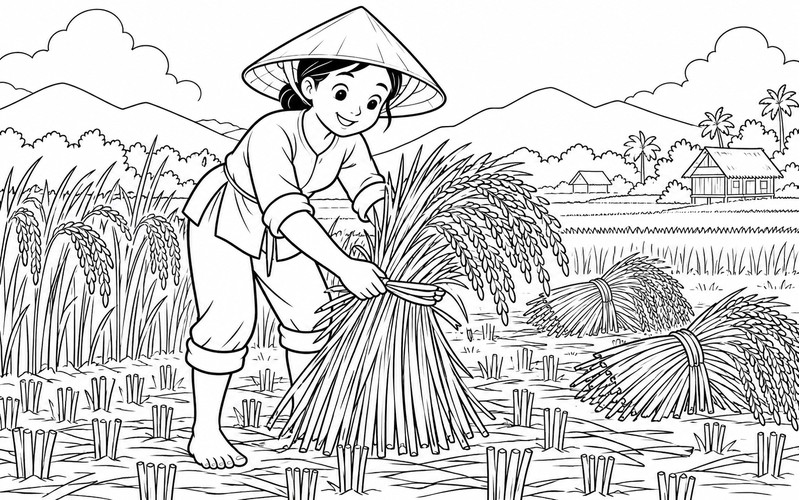 Tranh tô màu người thu hoạch lúa gom lúa thành bó