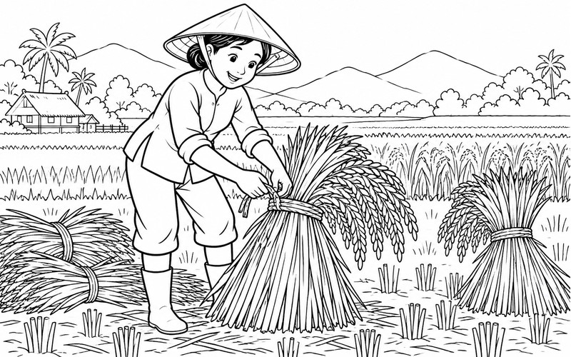 Tranh tô màu người thu hoạch lúa buộc bó lúa
