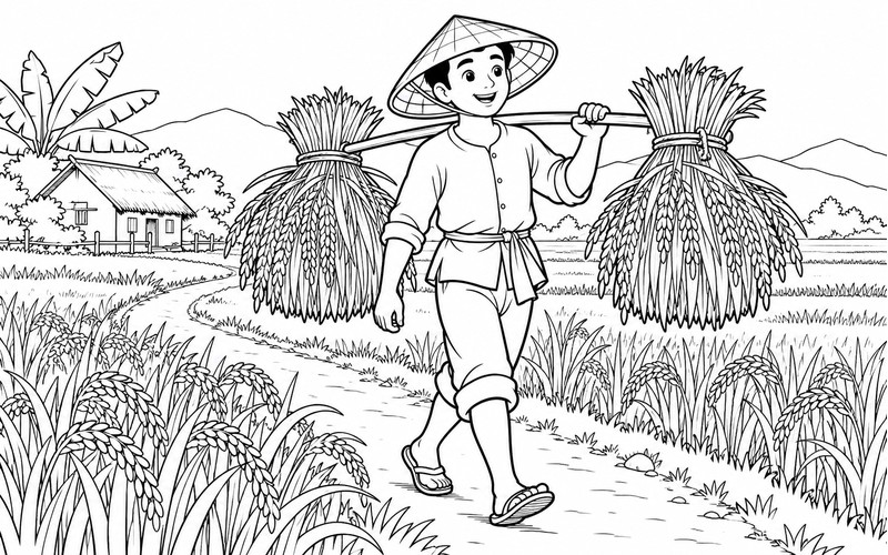 Tranh tô màu người thu hoạch lúa gánh lúa trên đường