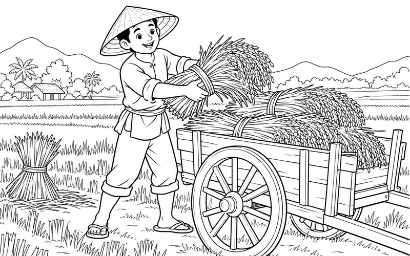 Tranh tô màu người thu hoạch lúa xếp bó lúa lên xe