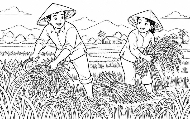 Tranh tô màu người thu hoạch lúa làm việc cùng bạn
