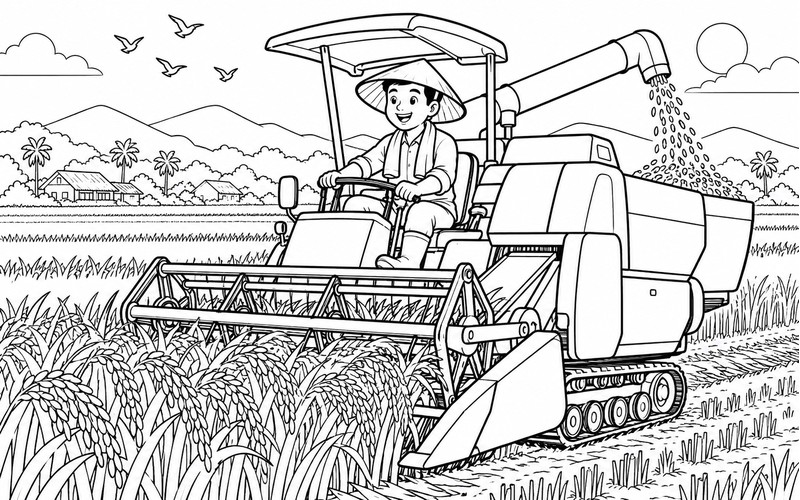 Tranh tô màu người thu hoạch lúa lái máy gặt nhỏ