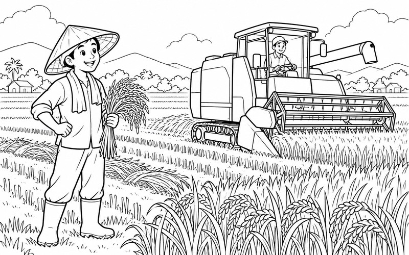 Tranh tô màu người thu hoạch lúa quan sát máy gặt từ xa