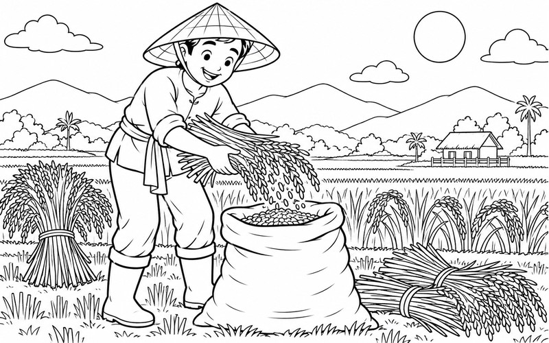 Tranh tô màu người thu hoạch lúa gom thóc vào bao
