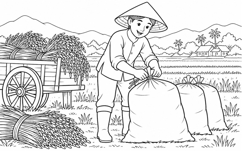 Tranh tô màu người thu hoạch lúa buộc bao thóc