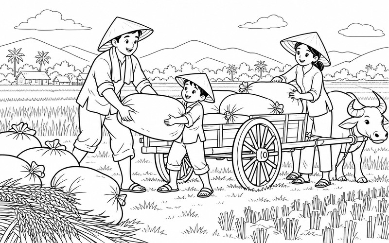 Tranh tô màu người thu hoạch lúa xếp bao lên xe