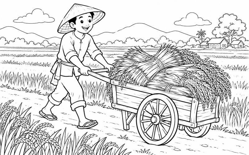 Tranh tô màu người thu hoạch lúa đẩy xe trên bờ ruộng