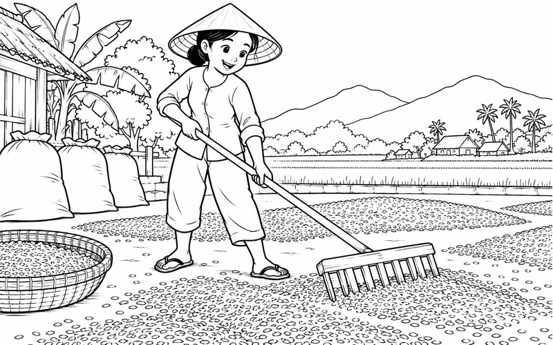 Tranh tô màu người thu hoạch lúa trải thóc ở sân phơi