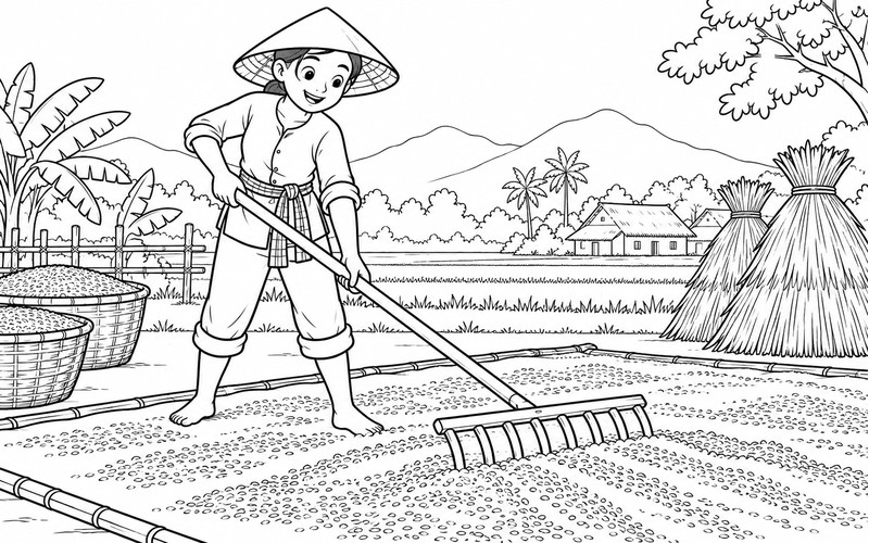 Tranh tô màu người thu hoạch lúa cào thóc trên sân