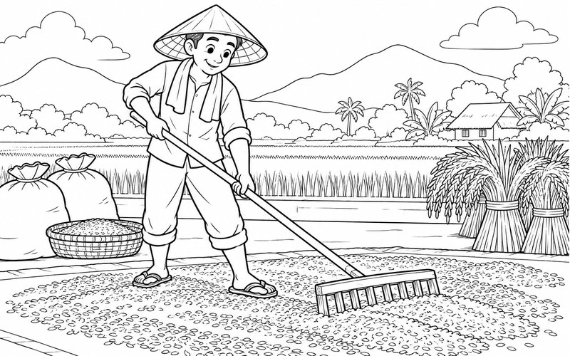 Tranh tô màu người thu hoạch lúa đảo thóc bằng cào gỗ